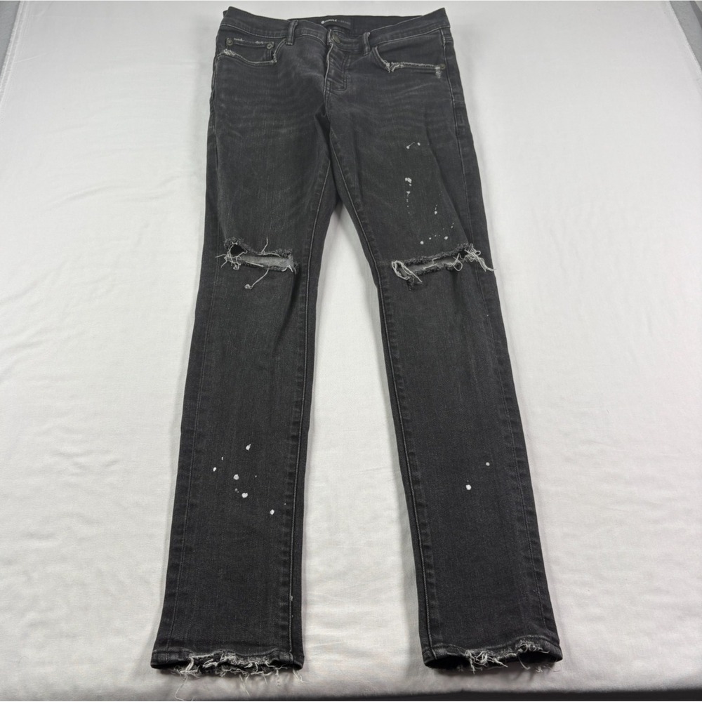 Purple Brand Jeans Mens 30x32 Black P001 Skinny Distressed Paint Splatter Denim